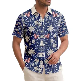 American Patriot USA 250th Anniversary Eagle Flag Liberty Bell Founding Fathers Toile Indigo Cream Short-sleeve Hawaiian Shirt