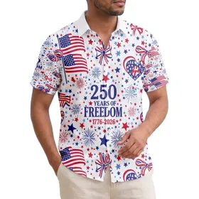 America 250th Est. 1776 Patriotic Flag Heart Freedom Stars & Stripes Pattern Short-sleeve Hawaiian Shirt