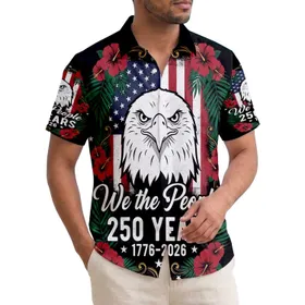 Historic USA 250th Birthday Eagle Flag We the People Tropical Hibiscus Palm Scroll Short-sleeve Hawaiian Shirt