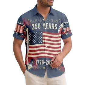 America 250th Anniversary Distressed Flag Tropical Palm Hibiscus Patriotic 1776-2026 Short-sleeve Hawaiian Shirt