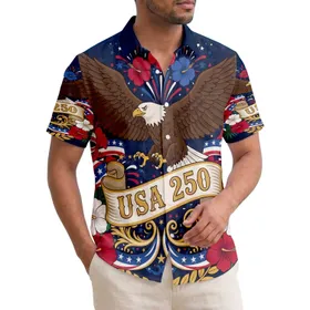 America 250th Semiquincentennial: Soaring Eagle, Hibiscus, Stars & Stripes Design Short-sleeve Hawaiian Shirt