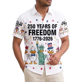 America 250th Anniversary Freedom: Patriotic Ducks 1776-2026 Stars Fireworks Short-sleeve Hawaiian Shirt