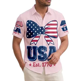 America 250th Birthday Patriotic Flag Bow USA 1776 Navy Red White Pink Design Short-sleeve Hawaiian Shirt