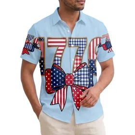 USA 250th Birthday 1776 Patchwork Quilt Faded Blue Americana Folk Art Bow Short-sleeve Hawaiian Shirt