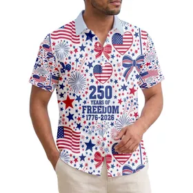USA 250th Anniversary Patriotic Flag Heart Freedom Text Hawaiian Star Pattern Short-sleeve Hawaiian Shirt