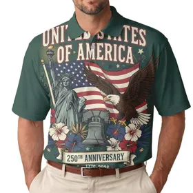 America 250th Anniversary Distressed Flag Liberty Eagle Bell 1776 Tropical Emblem Men's Polo Shirt (Lightweight)