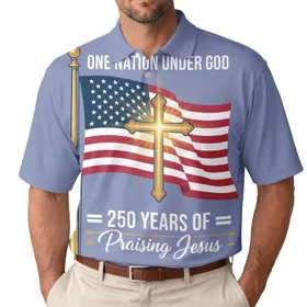 Christian Patriot America 250th Anniversary Waving Flag Golden Cross ONE NATION UNDER GOD Men's Polo Shirt (Lightweight)