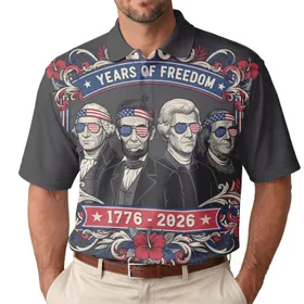 America 250th Birthday Celebration 1776-2026 Historical Figures Patriotic Tropical Illustration Men's Polo Shirt (Lightweight)