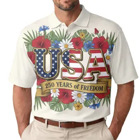 USA 250th Anniversary Patriotic Floral USA Navy Stars Red Stripes Freedom Scroll Men's Polo Shirt (Lightweight)