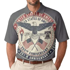 America 250th Patriotic Emblem: Eagle, Crossed Flags, Torch, Liberty Bell 1776-2026 Men's Polo Shirt (Lightweight)
