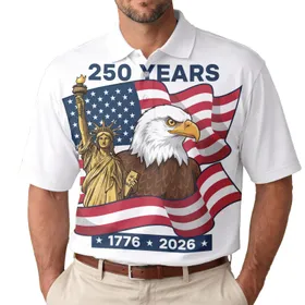 America's 250th Anniversary Bald Eagle Statue Liberty Waving US Flag 1776-2026 Men's Polo Shirt (Lightweight)