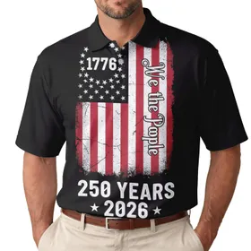 America 250th Anniversary: 1776 Distressed Flag, We the People, Red White Black Men's Polo Shirt (Lightweight)