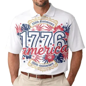 USA 250th Birthday: 1776 America Aloha Hibiscus Stars Patriotic Scrollwork Men's Polo Shirt (Lightweight)