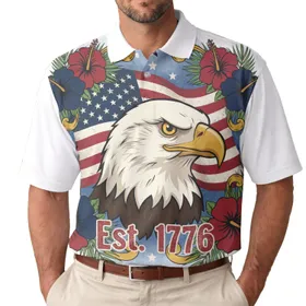 USA 250th Anniversary Eagle Flag Est. 1776: Polo Hibiscus Palm Lei Patriotic Men's Polo Shirt (Lightweight)