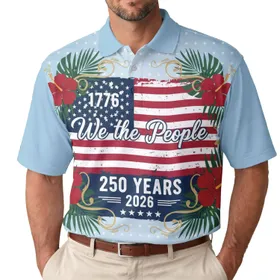 Patriotic Americana 250th Anniversary Flag 'We the People' 1776 Hibiscus Scroll Men's Polo Shirt (Lightweight)