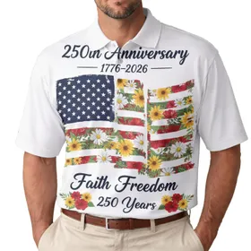 America 250th Distressed Flag Tropical Floral: Faith Freedom 1776-2026 Men's Polo Shirt (Lightweight)