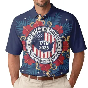 USA 250th Anniversary: Freedom Map 1776-2026, Flag, Hibiscus, Gold Scrollwork Men's Polo Shirt (Lightweight)