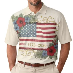 USA 250th Birthday Patriotic Polo Vintage Distressed Flag Hibiscus Plumeria Gold Scrollwork Men's Polo Shirt (Lightweight)