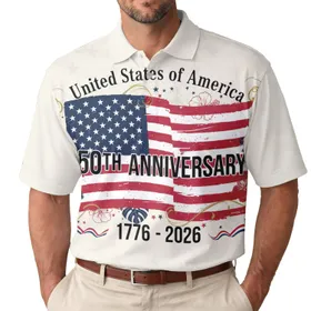 America 250th Anniversary Patriotic Grunge Flag Tropical Hibiscus 1776-2026 Men's Polo Shirt (Lightweight)