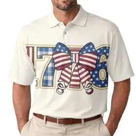 USA 250th Birthday: 1776 Patriotic Polo-Inspired Stripes Plaid Stars & Bow Men's Polo Shirt (Lightweight)