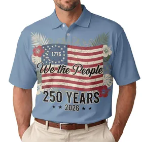 America 250th Anniversary: Distressed Flag 1776 'We The People' Hibiscus Palm Leaf 2026 Men's Polo Shirt (Lightweight)
