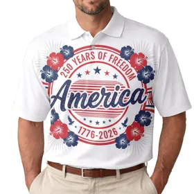 USA 250th Anniversary Emblem: Patriotic Freedom Hibiscus & Eagle Design Men's Polo Shirt (Lightweight)