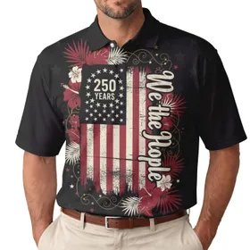 Patriotic American USA 250th Anniversary 1776 Distressed Flag We the People Tropical Men's Polo Shirt (Lightweight)