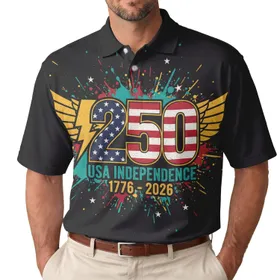 USA 250th Anniversary: Patriotic Distressed 250 Stars Stripes, Golden Wings, Independence 1776 Men's Polo Shirt (Lightweight)