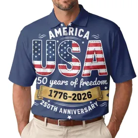 America 250th Celebration: Distressed USA Flag Watercolor Stitched, 1776-2026 Gold Navy Men's Polo Shirt (Lightweight)