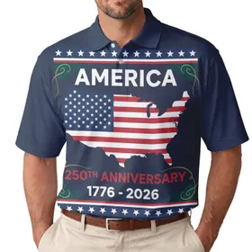America 250th Anniversary US Flag Map 1776-2026 Commemorative Star Border Tropical Men's Polo Shirt (Lightweight)
