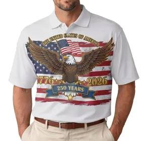 USA 250th Anniversary Majestic Bald Eagle Distressed Flag 1776-2026 Commemorative Wearable Men's Polo Shirt (Lightweight)