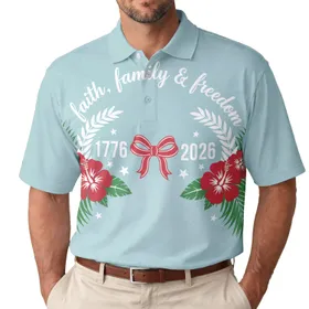 America 250th Birthday Faith, Family & Freedom 1776-2026 Laurel Wreath Star Men's Polo Shirt (Lightweight)