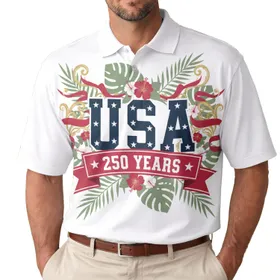 USA 250th Anniversary Patriotic Navy Crimson White Hibiscus Tropical Gold Scrollwork Men's Polo Shirt (Lightweight)