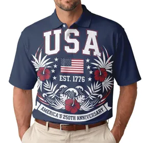 USA 250th Anniversary: Collegiate Text 1776 American Flag Navy Stars Tropical Men's Polo Shirt (Lightweight)