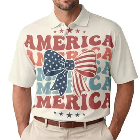 America 250th Anniversary Est 1776 Patriotic Bow Wavy AMERICA Stars Men's Polo Shirt (Lightweight)