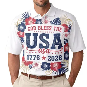 USA 250th Anniversary: God Bless 1776 2026 Patriotic Polo Hibiscus Gold Men's Polo Shirt (Lightweight)
