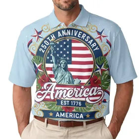 America 250th Anniversary Lady Liberty Torch 1776 Emblem Stars Stripes Men's Polo Shirt (Lightweight)