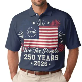 America 250th: We The People 1776 Distressed Flag Tropical Starburst Patriot Men's Polo Shirt (Lightweight)