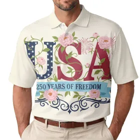 America 250th Anniversary USA Stars Crimson Peonies Freedom Banner Fireworks Men's Polo Shirt (Lightweight)