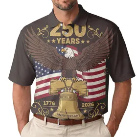 America 250th Birthday Eagle Liberty Bell Flag 1776-2026 Gold Tropical Design Men's Polo Shirt (Lightweight)