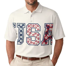 USA 250th Anniversary Est 1776 Patriotic Collegiate Floral Navy Red Art Men's Polo Shirt (Lightweight)