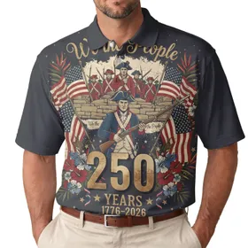 America 250th We The People 1776 Soldiers Polo Hibiscus Gold Scrollwork Patriot Men's Polo Shirt (Lightweight)