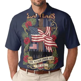 America 250th Anniversary Cross Flag Soldiers 1776 One Nation Under God Scroll Hibiscus Men's Polo Shirt (Lightweight)