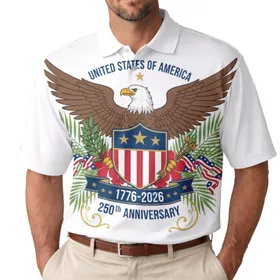 USA 250th Birthday Eagle Shield, Olive Branch Arrows, Tropical Palm Hibiscus 1776-2026 Men's Polo Shirt (Lightweight)