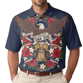 USA 250th Anniversary Eagle Liberty Bell 1776 Patriotic Hibiscus Stars Stripes Navy Gold Men's Polo Shirt (Lightweight)