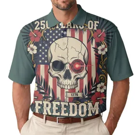 USA 250th Anniversary Skull Flag, Cyber Eye, 1776 Freedom Tropical Foliage Men's Polo Shirt (Lightweight)