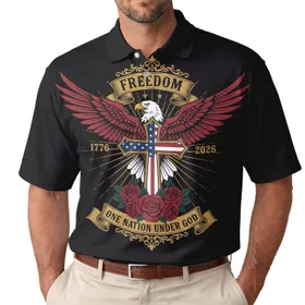 Patriot USA 250th Eagle Flag Cross Freedom 1776 2026 One Nation Under God Black Men's Polo Shirt (Lightweight)