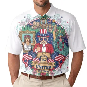 America 250th Anniversary Polo Patriotic Art: Uncle Sam, Liberty, Rushmore Design Men's Polo Shirt (Lightweight)