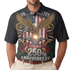 America's 250th Anniversary Eagle Anvil 1776-2026 Flag Palm Hibiscus Design Men's Polo Shirt (Lightweight)