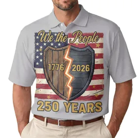 USA 250th Birthday Patriotic Polo Flag Shield 1776-2026 'We the People' Graphic Men's Polo Shirt (Lightweight)